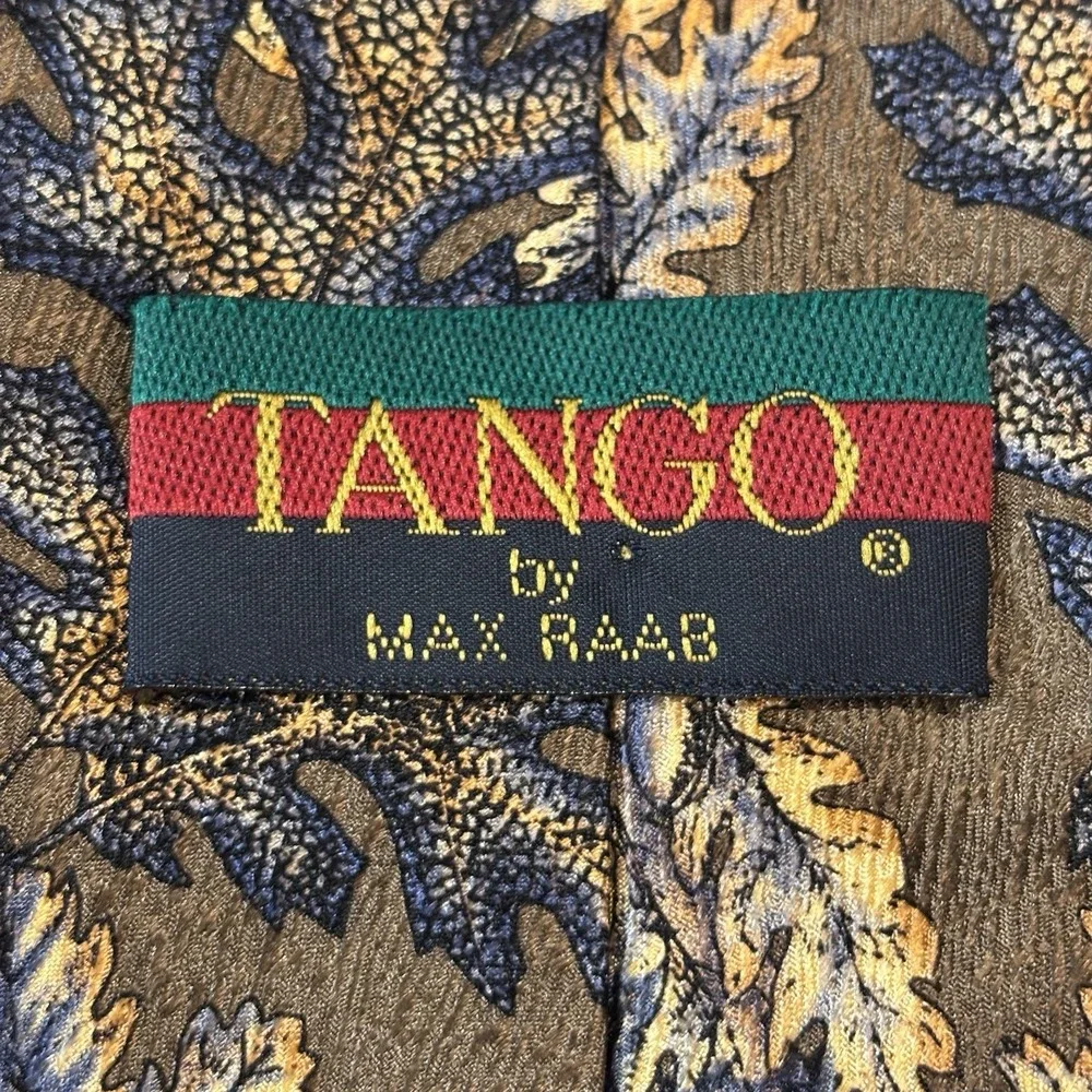 Tango By Max Raab 100% Silk Fall Autumn Tie Brown Blue Oak Leaves Acorns